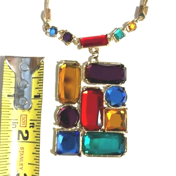 VINTAGE MULTICOLORED RHINESTONE PENDANT DOUBLE SNAKE CHAIN 18-21" NECKLACE - Picture 8 of 12